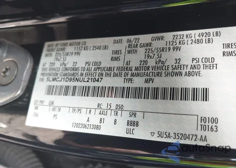 2022 Lincoln Corsair Standard из США, поврежденный, VIN 5LMCJ1D95NUL21047